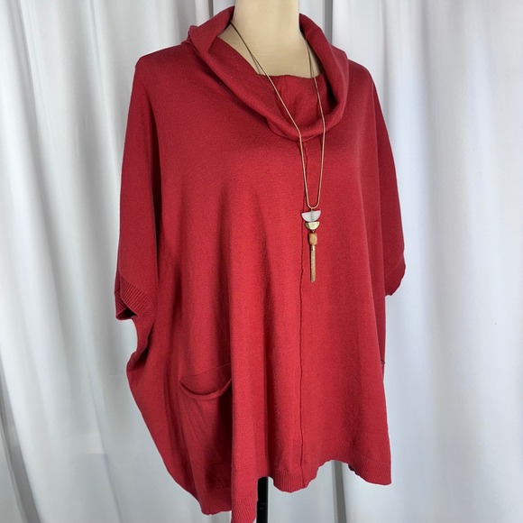 Variations Sweaters - Variations Red Cowl Neck Poncho Sweater Pockets S/M Lagenlook Boho NEW W TAGS